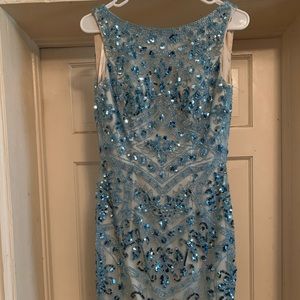 Beaded Tiffany blue boat neck backless dress